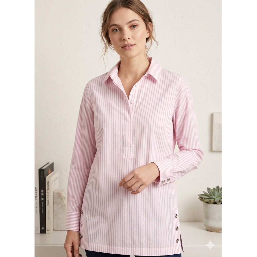 Talbots Petites Non-Iron Striped Button Front Shirt – 8P – Pink/White